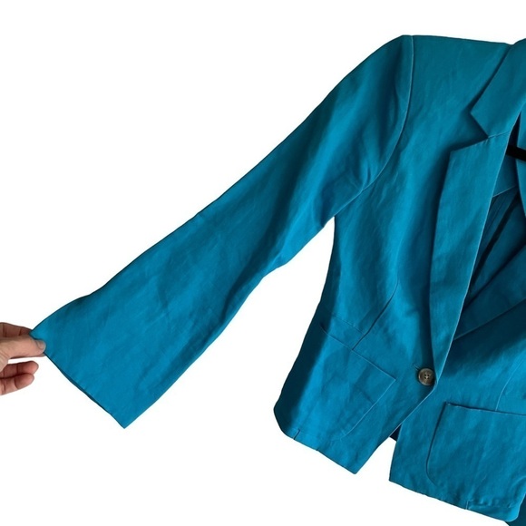 Elizabeth and JAMES Linen Cotton Cropped Blazer Peacock Blue 2 - Picture 3 of 9